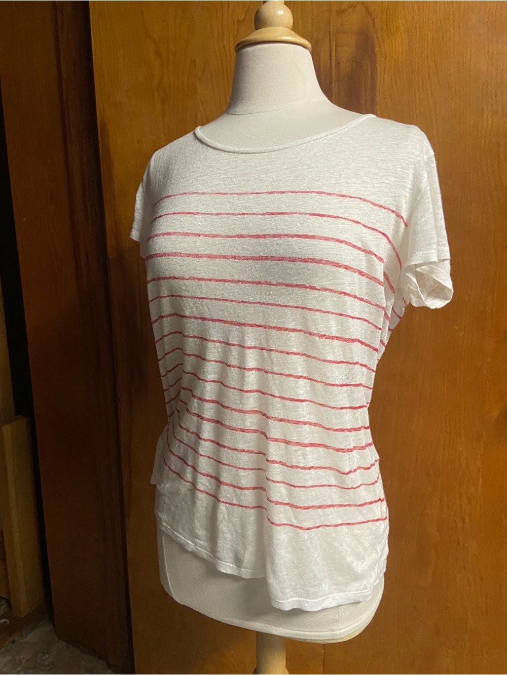 MAJESTIC FILAMENTS Linen White & Red Striped Short Sleeve Women's Top 3 Large